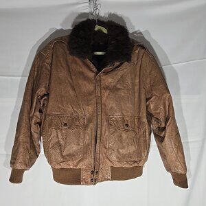 Vintage 80's Heavy 100% Leather Bomber Jacket Opossum Fur Lining Women's L/M